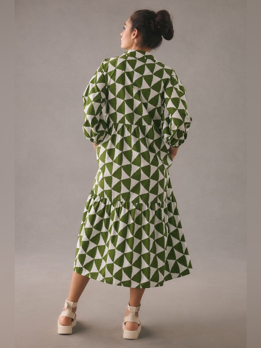 Anthropologie Maeve The Bettina Tiered Shirt Dress In Green Motif Size Large - Picture 9 of 12